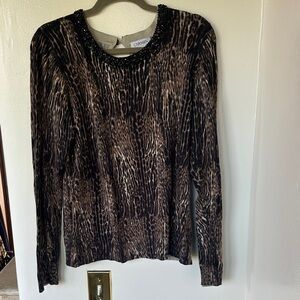 Carmen Marc Valvo Animal Print Sweater with Beaded Neckline